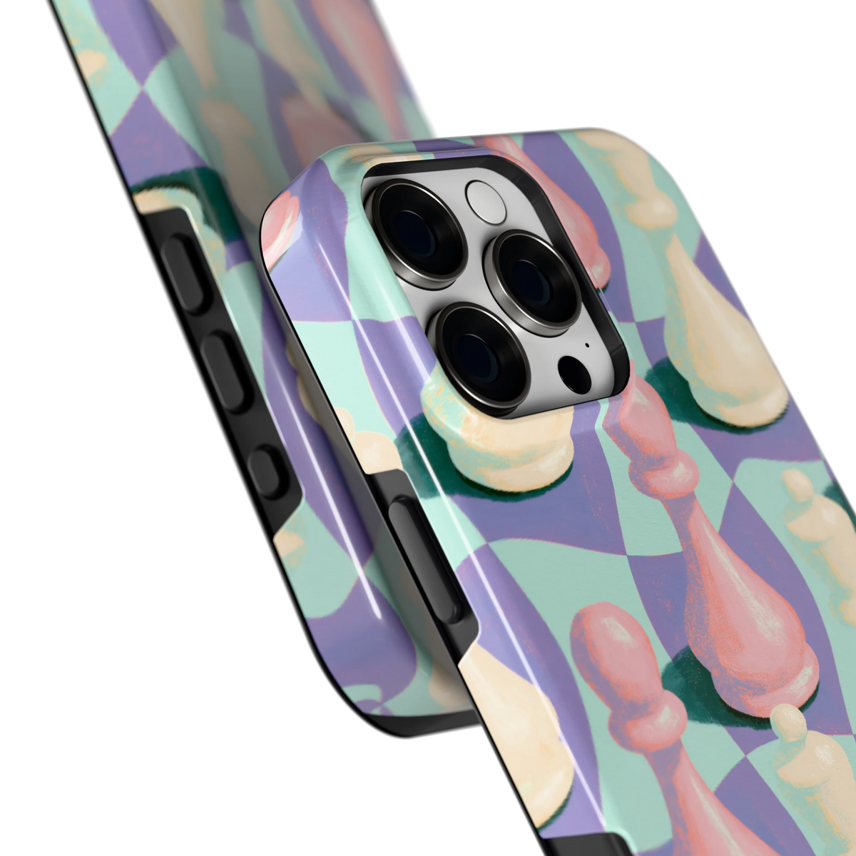 Pastel Schaakstukken hoesje voor iPhone 16 Pro Max, close-up