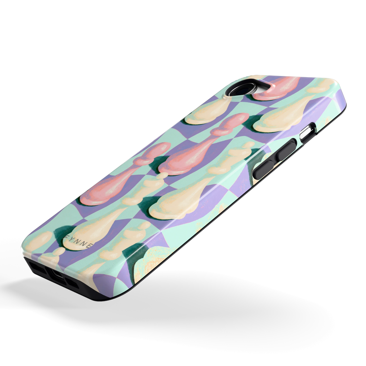 Pastel Schaakstukken hoesje voor iPhone 16e, schuin