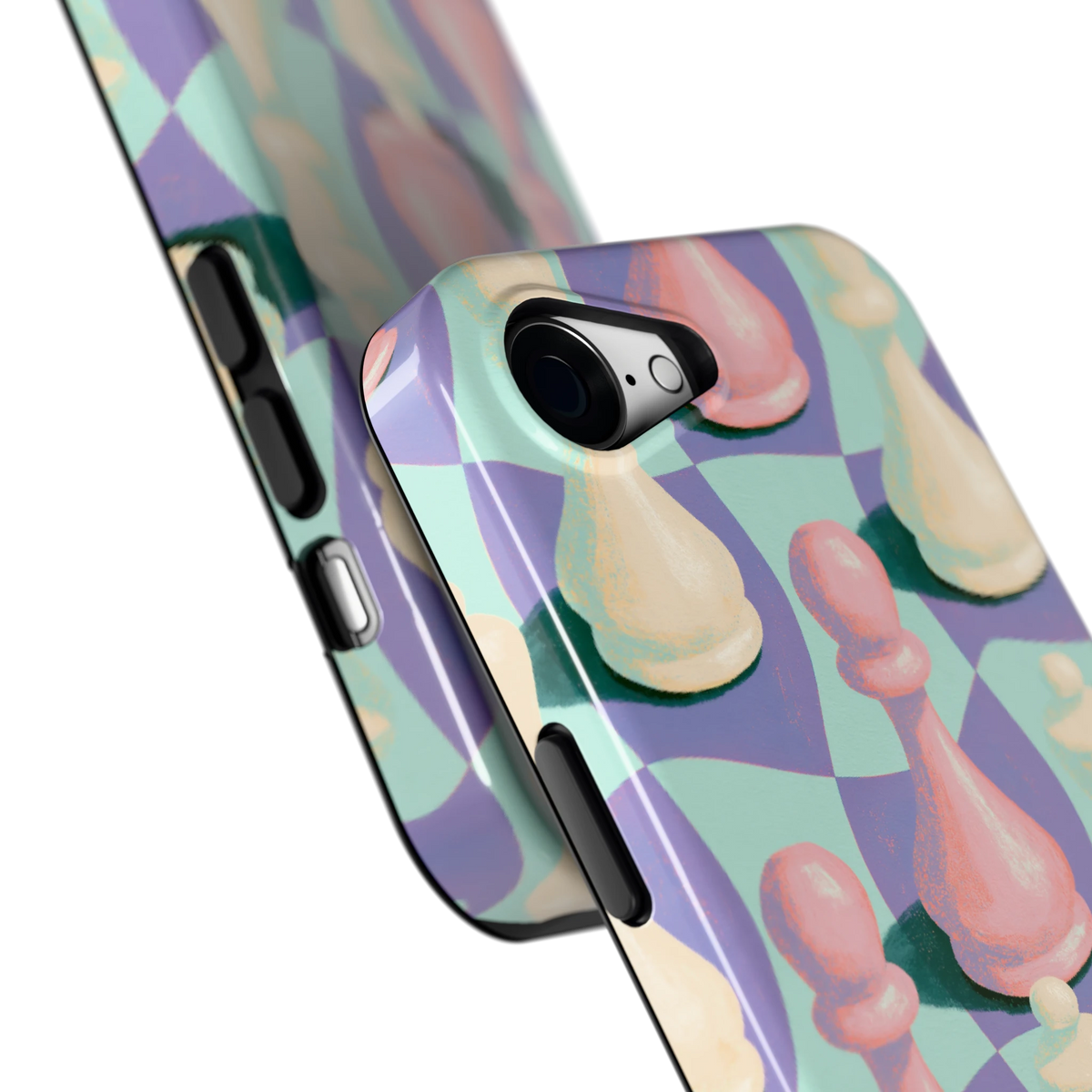 Pastel Schaakstukken hoesje voor iPhone 16e, close-up