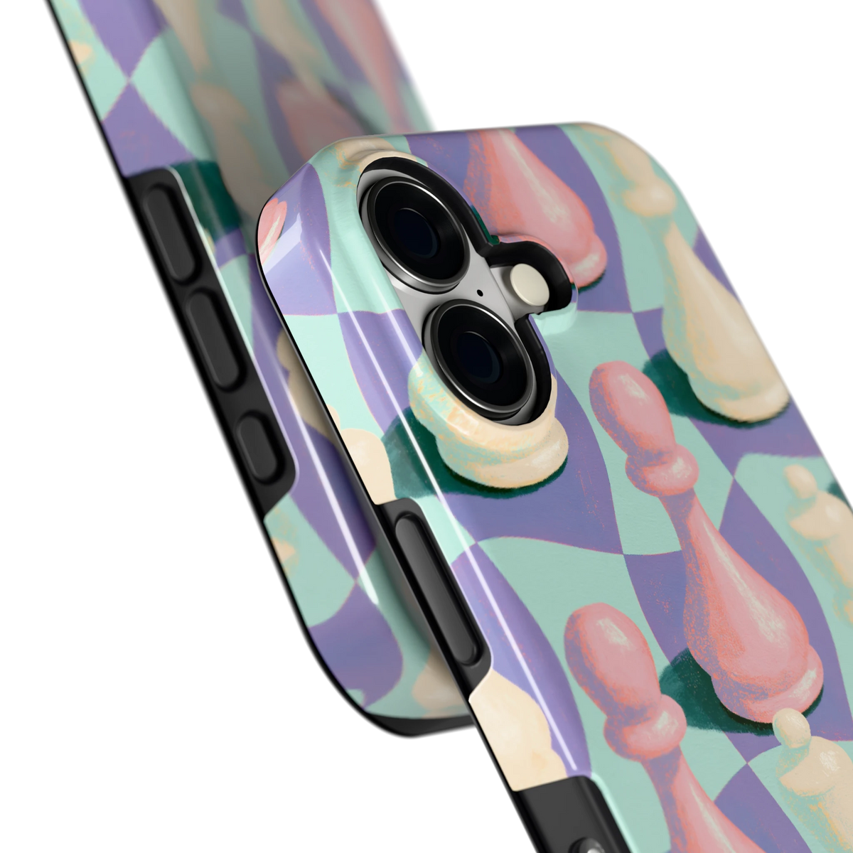 Pastel Schaakstukken hoesje voor iPhone 17, close-up