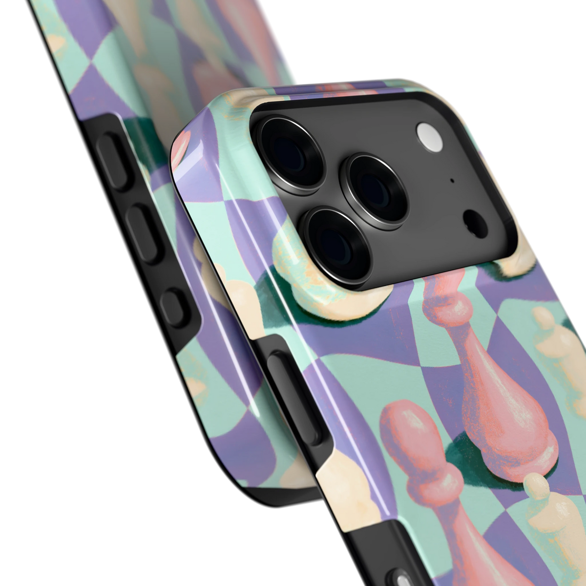 Pastel Schaakstukken hoesje voor iPhone 17 Pro, close-up