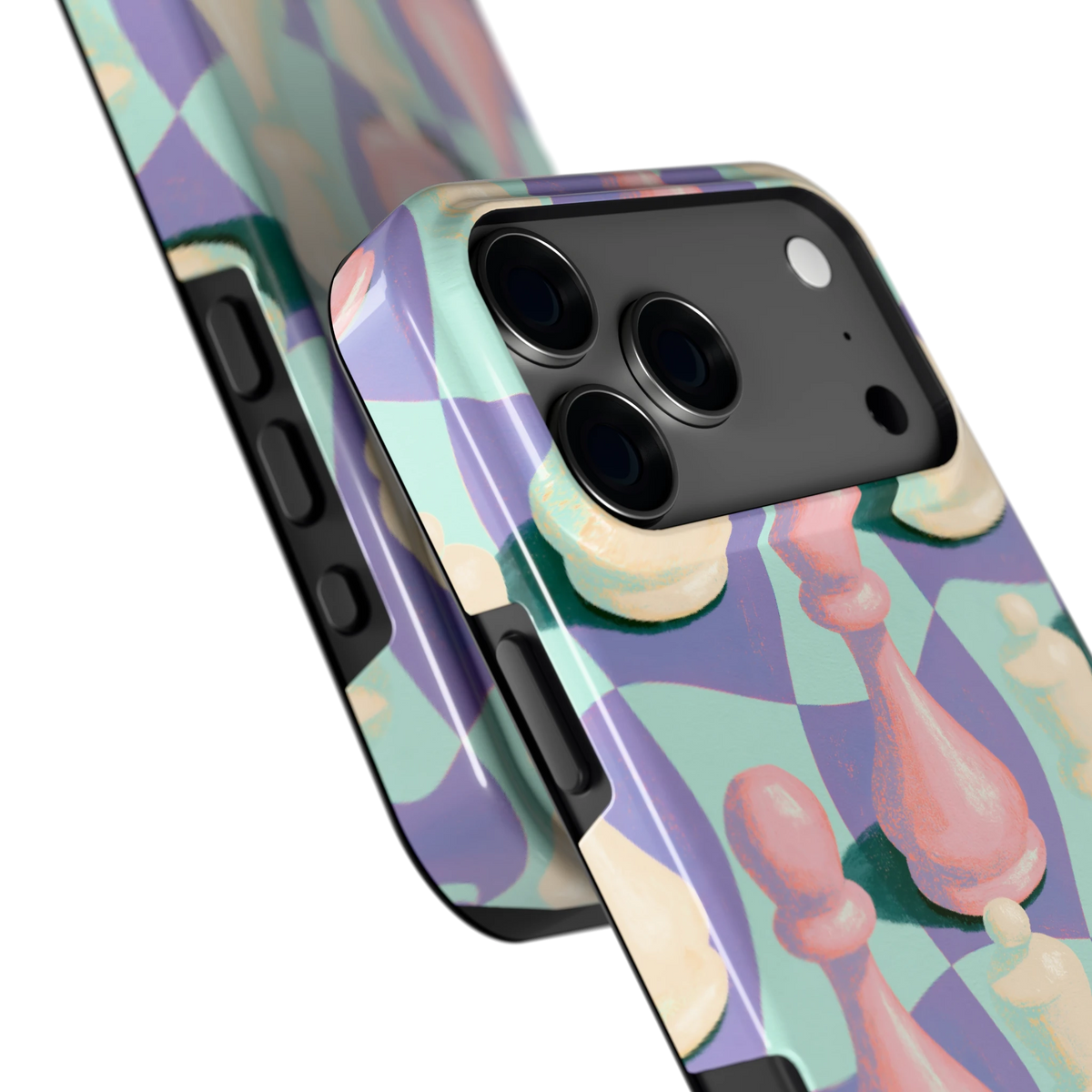 Pastel Schaakstukken hoesje voor iPhone 17 Pro Max, close-up