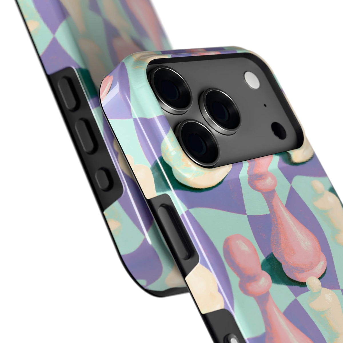 Pastel Schaakstukken hoesje voor iPhone 18 Pro, close-up