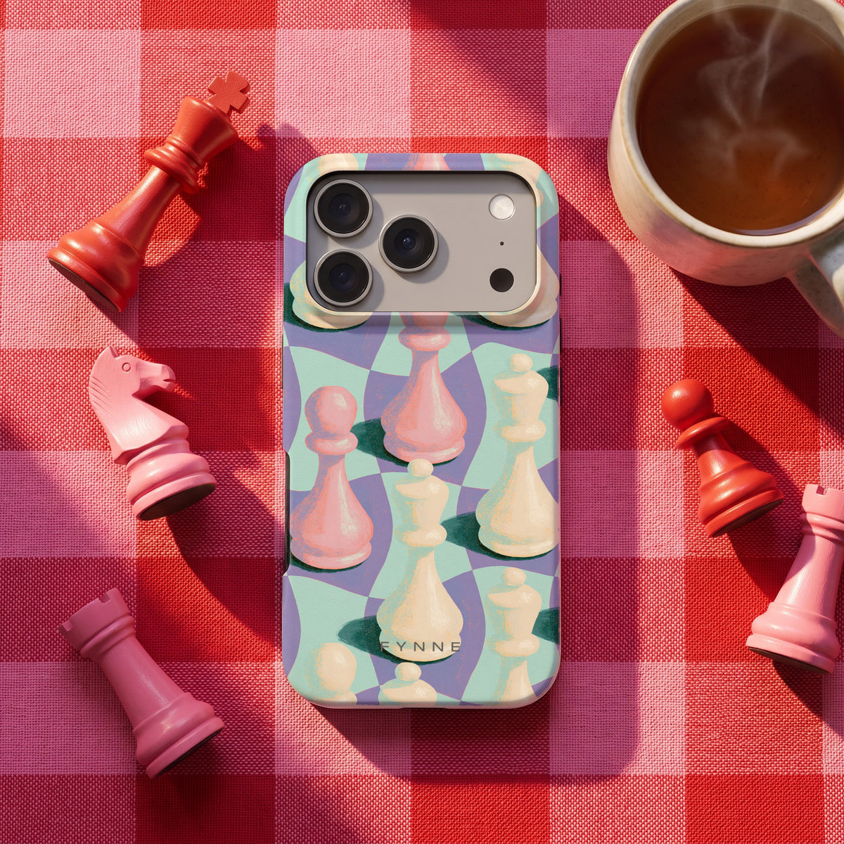 Pastel Schaakstukken hoesje op een iPhone 17 Pro, uit The Chess Collection