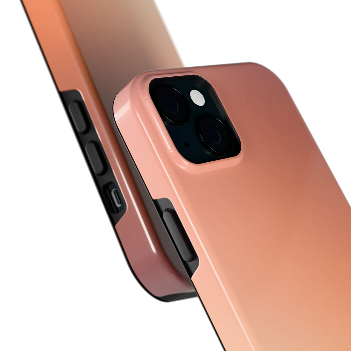 Perzikmist hoesje voor iPhone 15 Plus, close-up