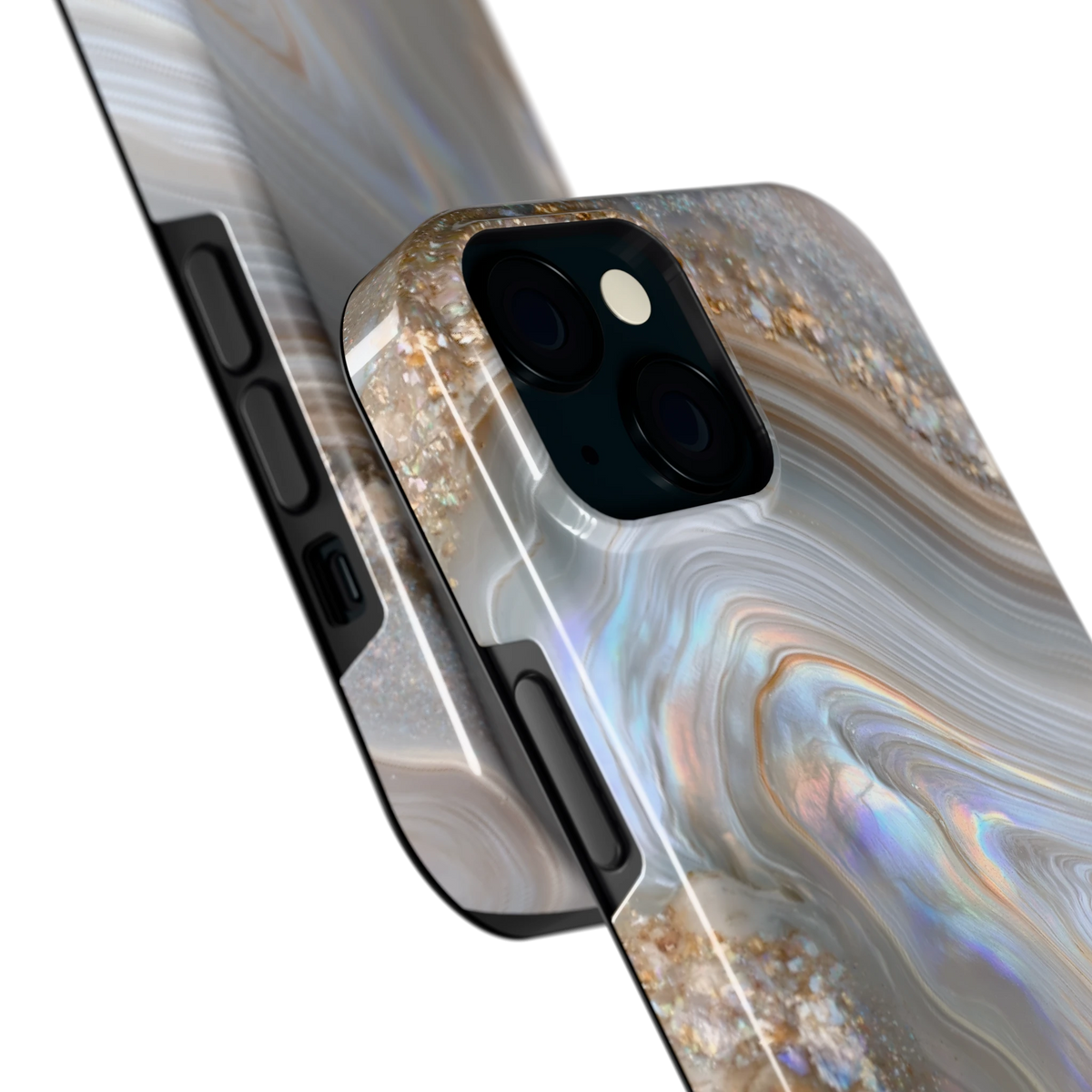 Parelmoer Agaat hoesje voor iPhone 15, close-up