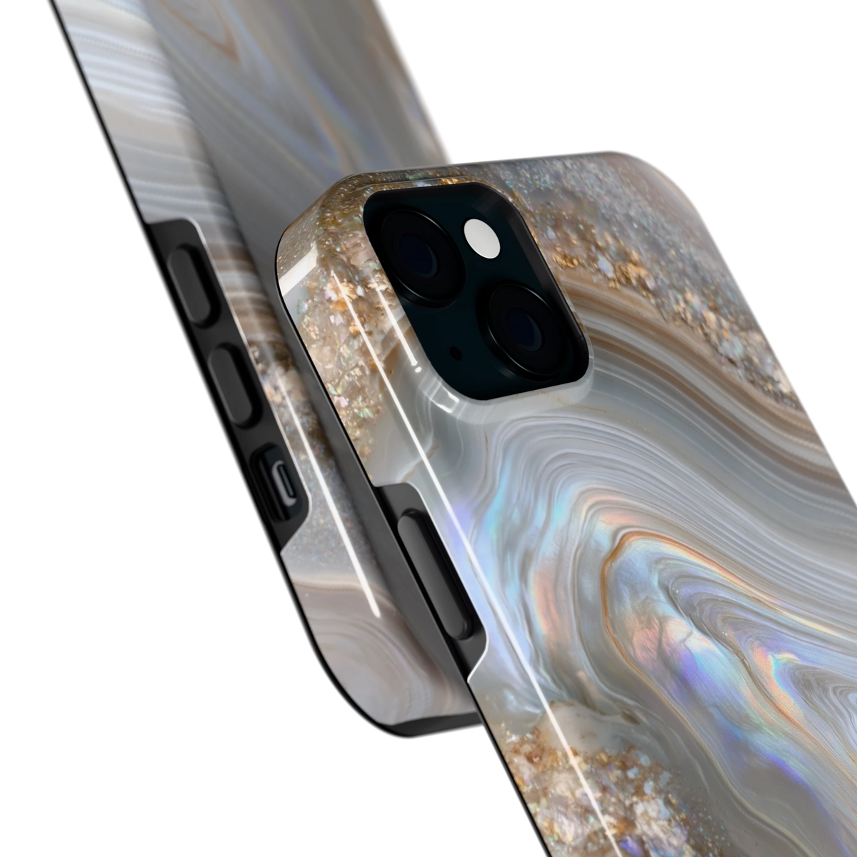 Parelmoer Agaat hoesje voor iPhone 15 Plus, close-up