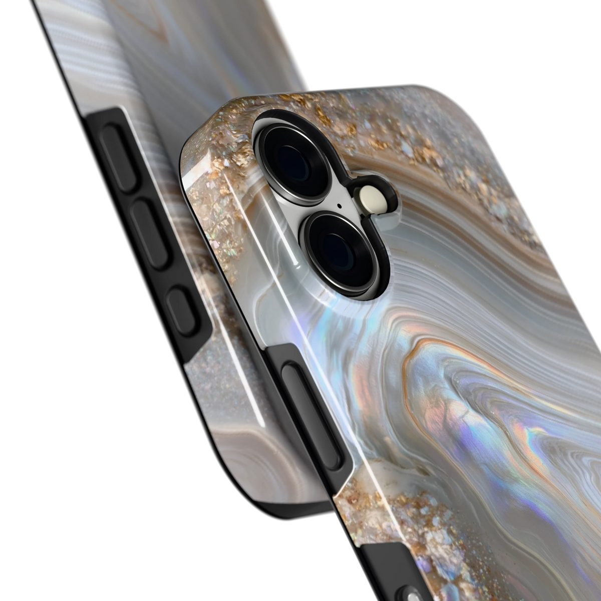 Parelmoer Agaat hoesje voor iPhone 16, close-up