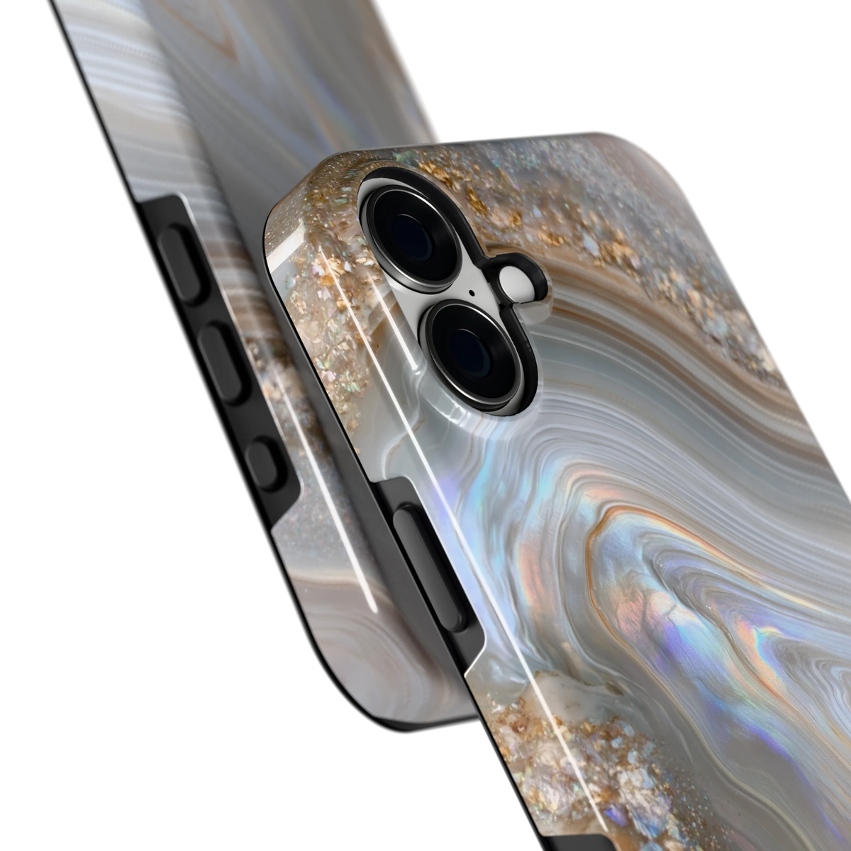 Parelmoer Agaat hoesje voor iPhone 16 Plus, close-up