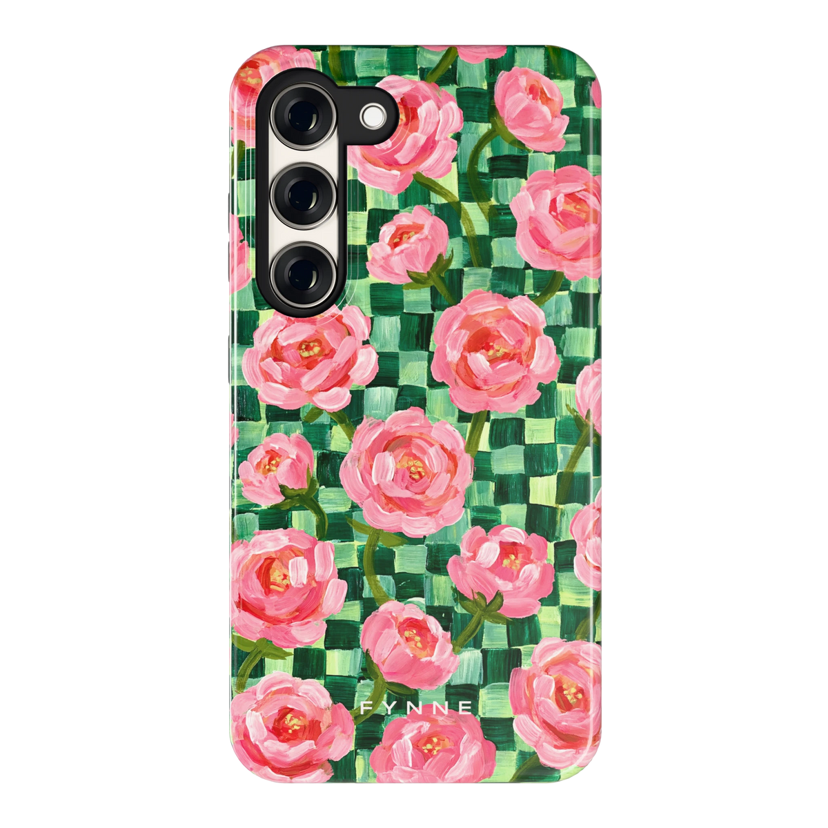 Pioenen op groene ruitjes hoesje voor Galaxy S23, achterkant