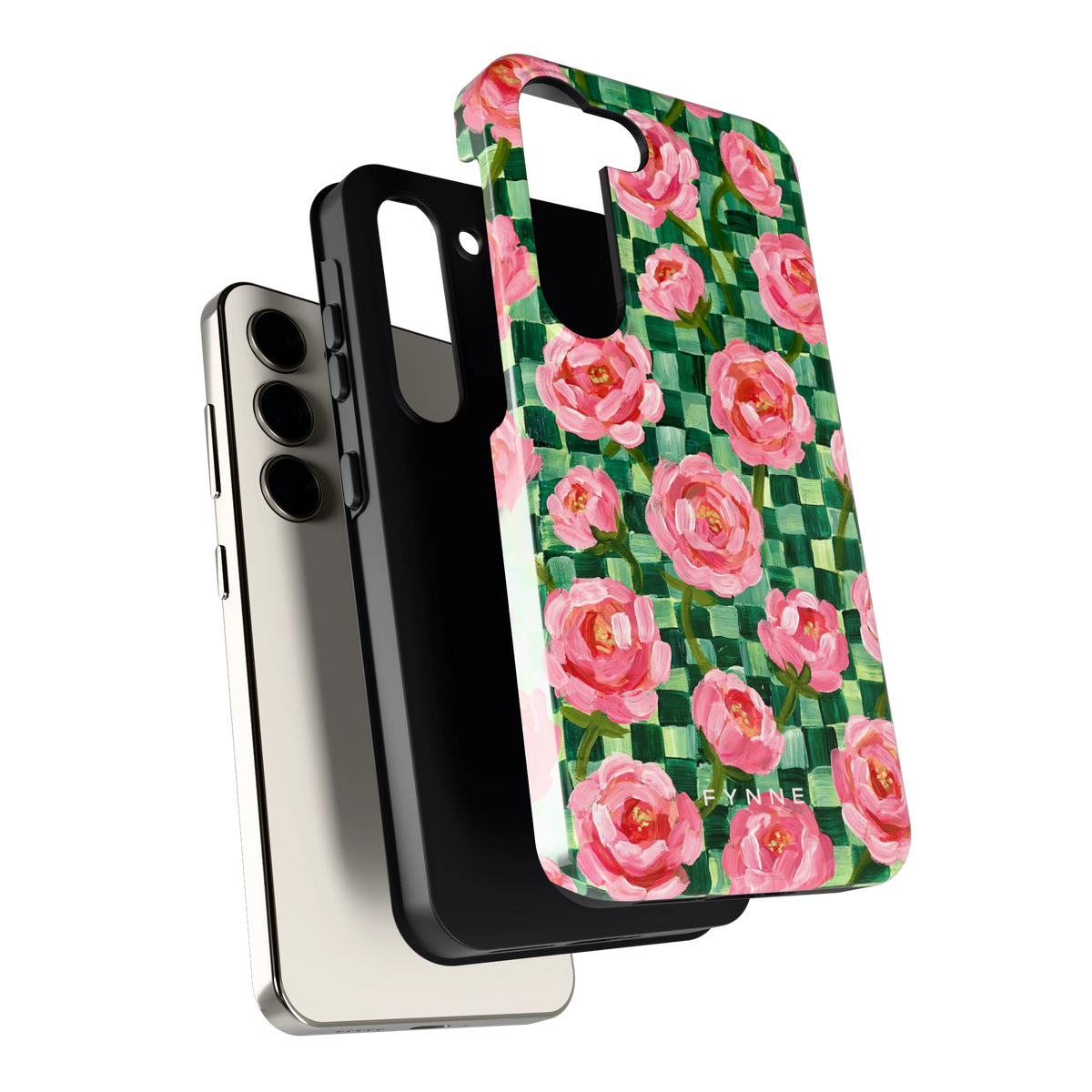 Pioenen op groene ruitjes hoesje voor Galaxy S23, los van de telefoon