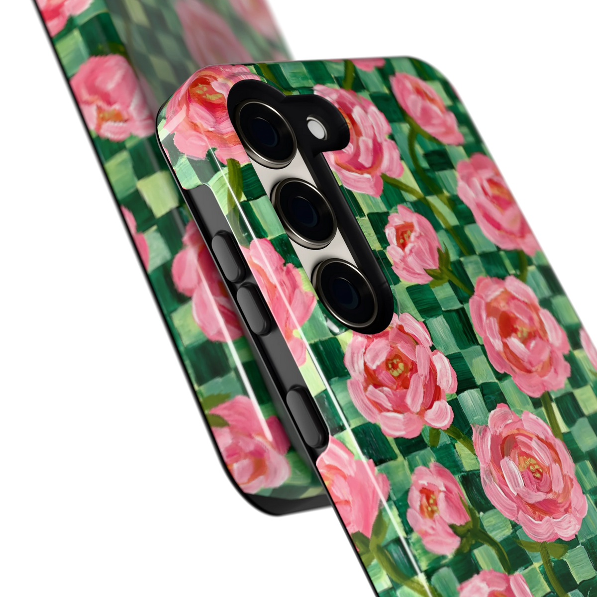 Pioenen op groene ruitjes hoesje voor Galaxy S23, close-up