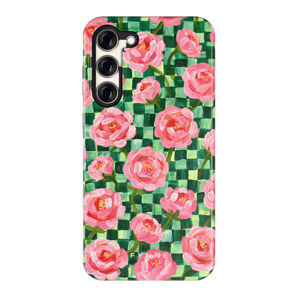 Pioenen op groene ruitjes hoesje voor Galaxy S23+, achterkant