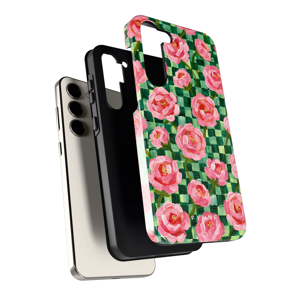 Pioenen op groene ruitjes hoesje voor Galaxy S23+, los van de telefoon