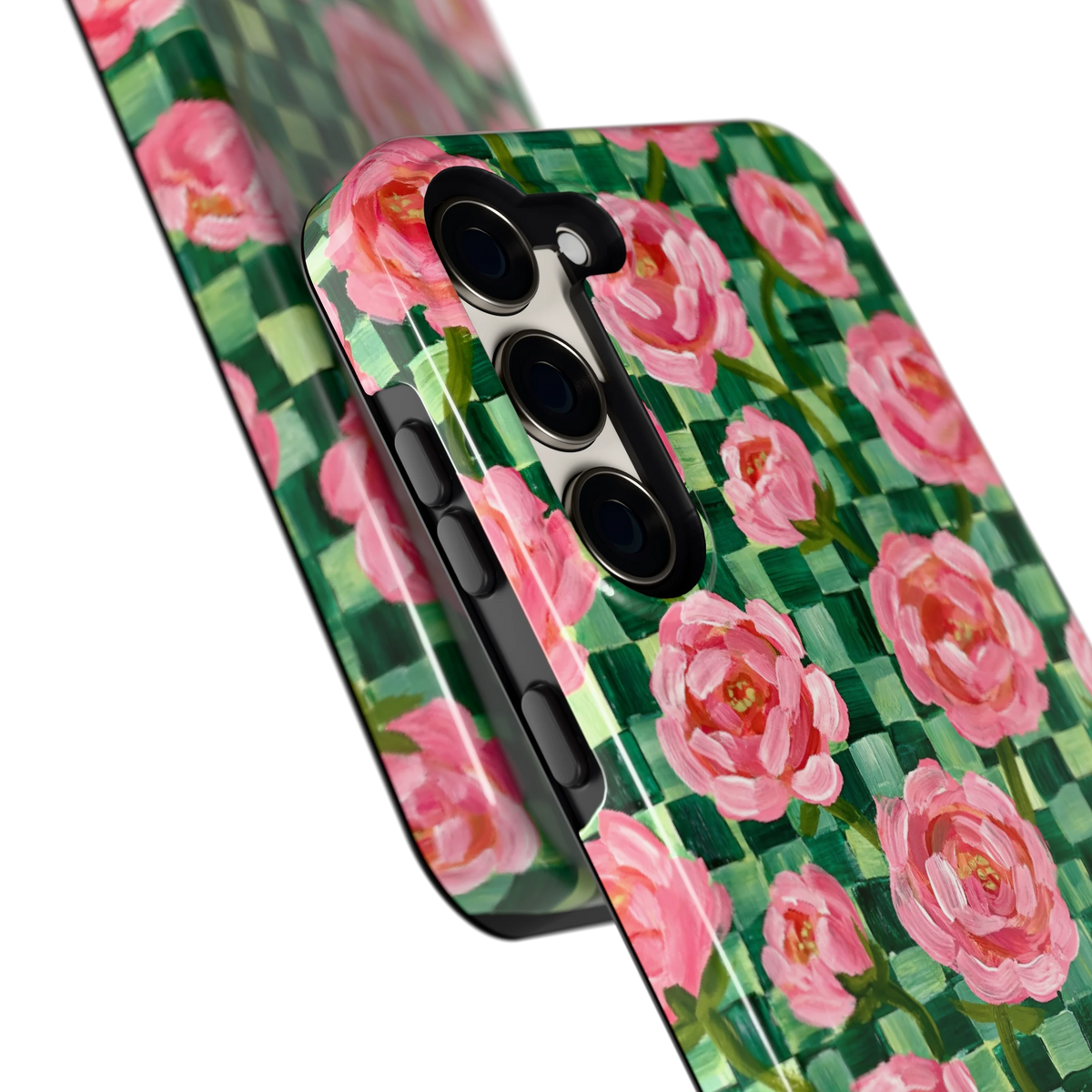Pioenen op groene ruitjes hoesje voor Galaxy S23+, close-up