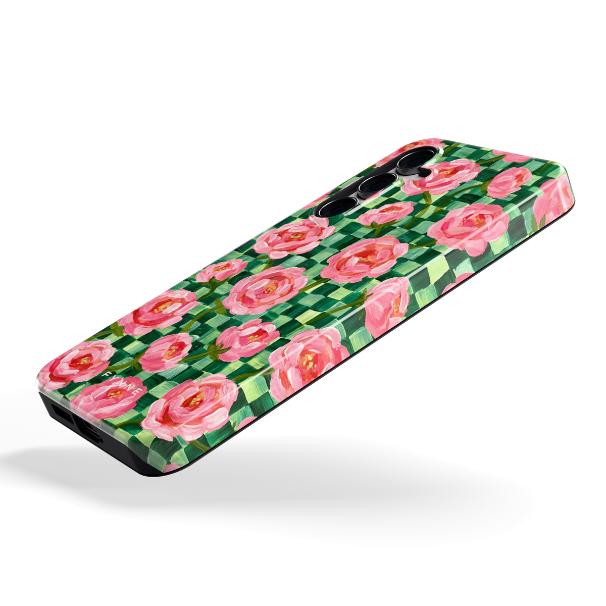 Pioenen op groene ruitjes hoesje voor Galaxy S24 FE, schuin