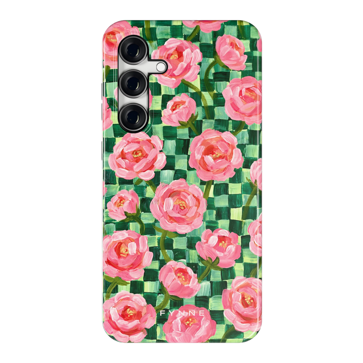 Pioenen op groene ruitjes hoesje voor Galaxy S24 FE, achterkant