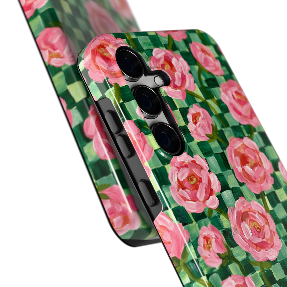 Pioenen op groene ruitjes hoesje voor Galaxy S24 FE, close-up