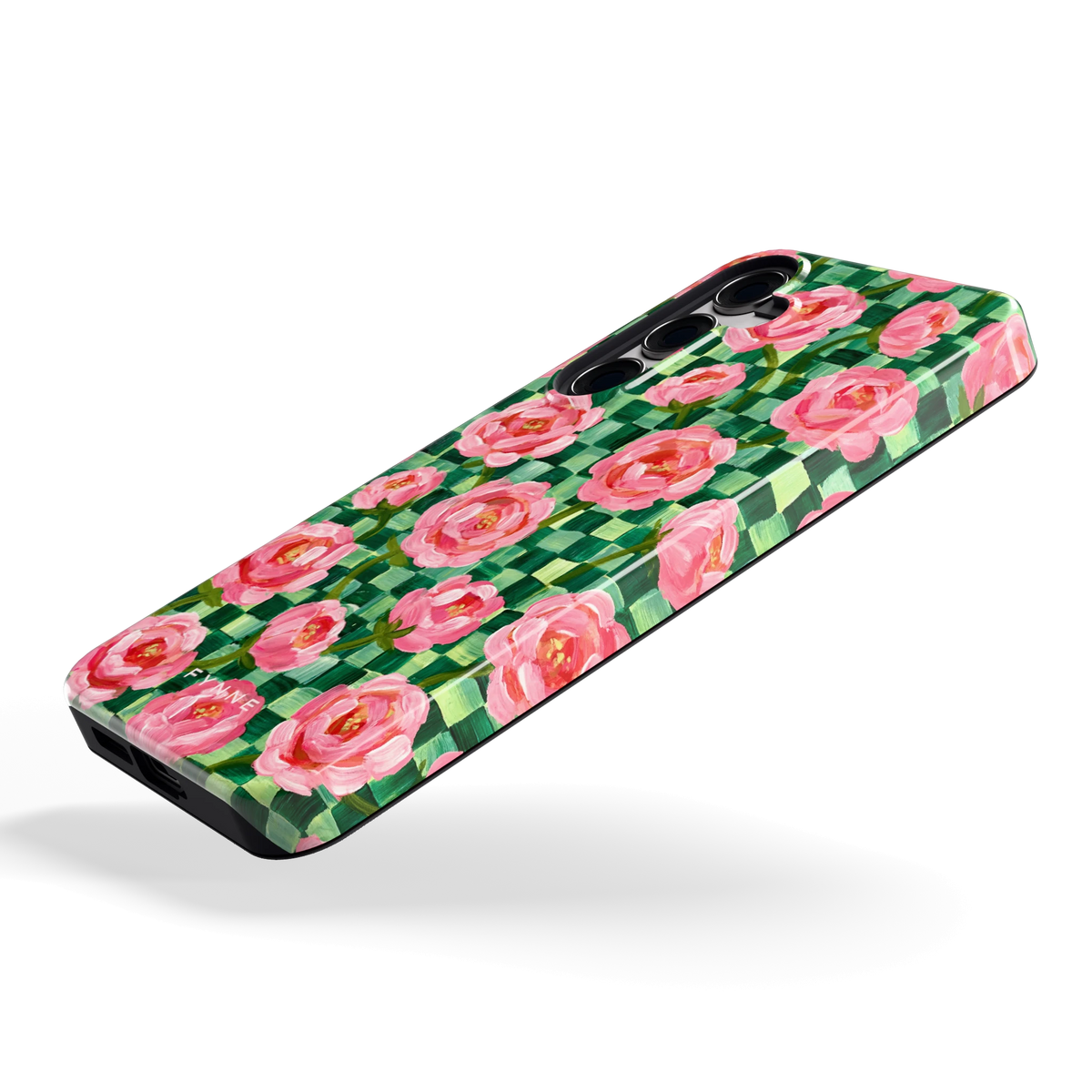 Pioenen op groene ruitjes hoesje voor Galaxy S24+, schuin