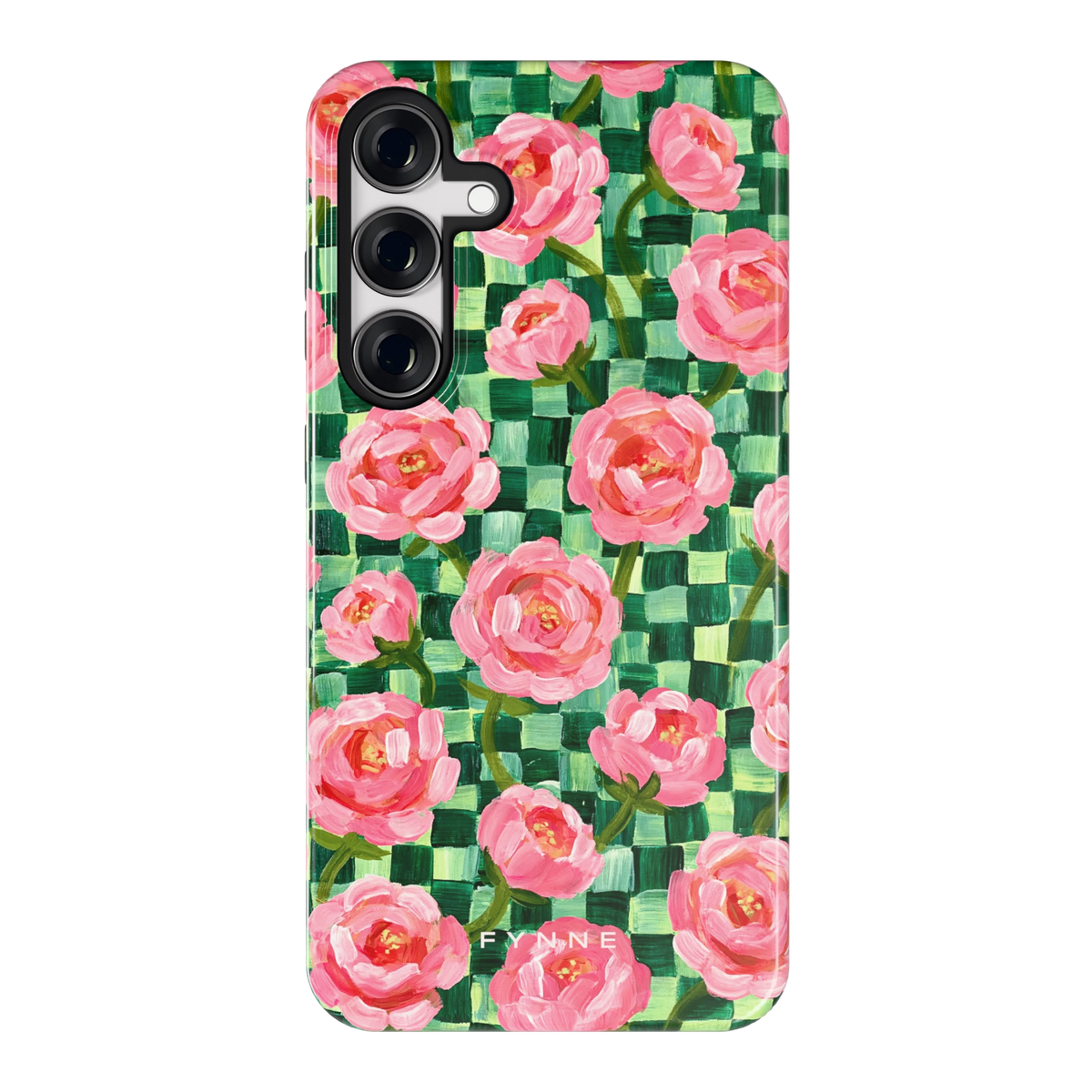 Pioenen op groene ruitjes hoesje voor Galaxy S24+, achterkant