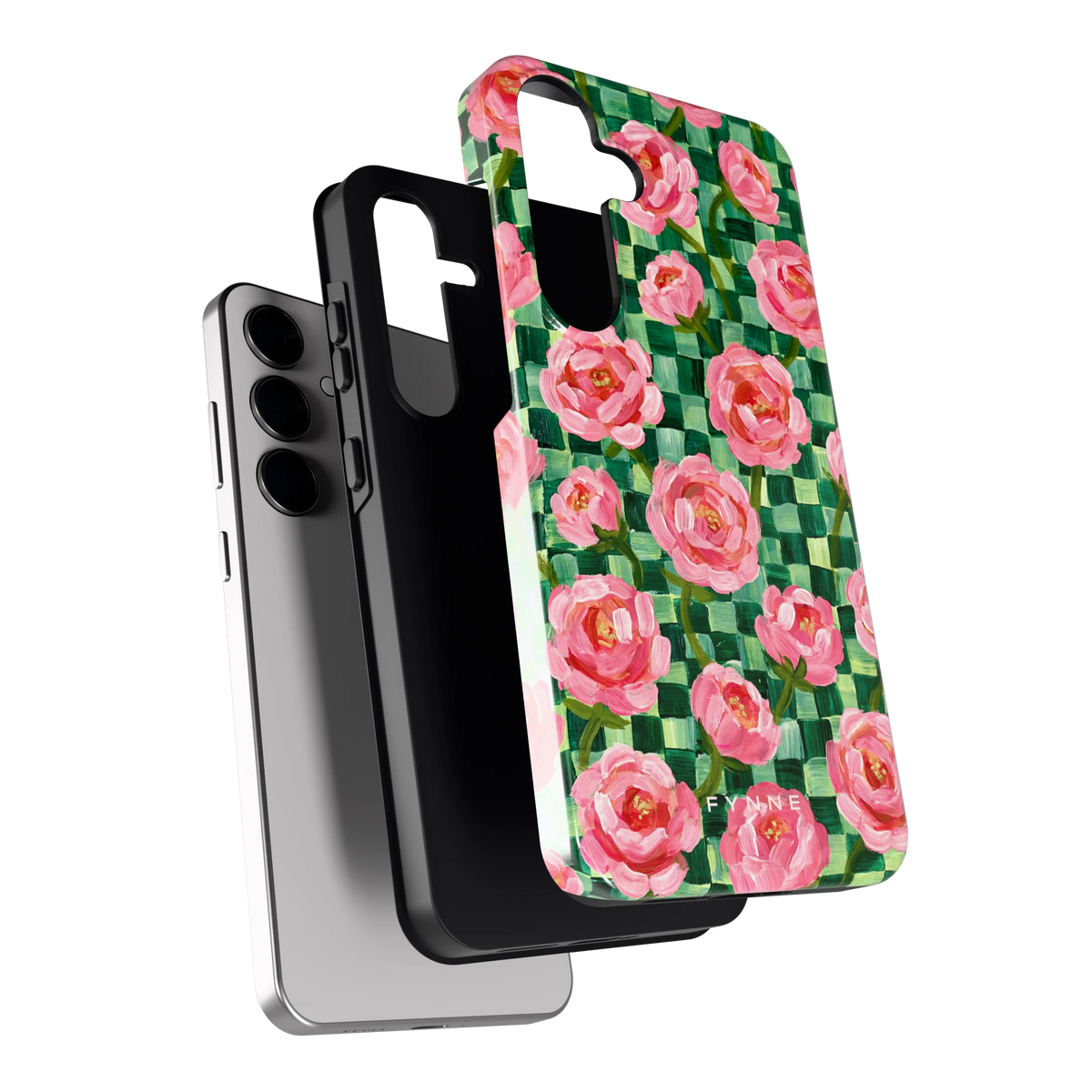 Pioenen op groene ruitjes hoesje voor Galaxy S24+, los van de telefoon
