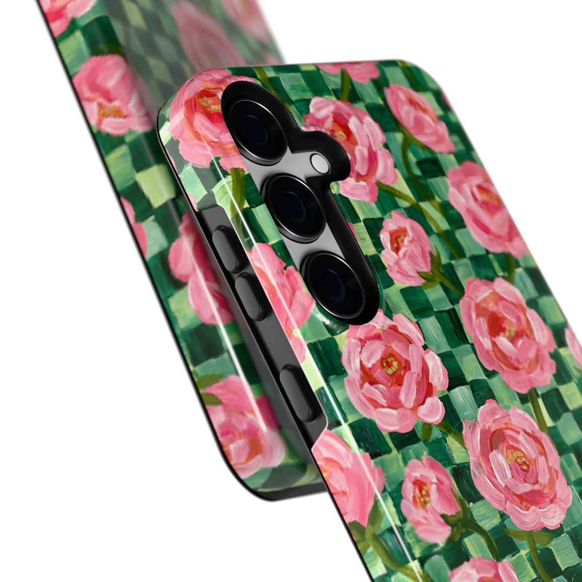 Pioenen op groene ruitjes hoesje voor Galaxy S24+, close-up