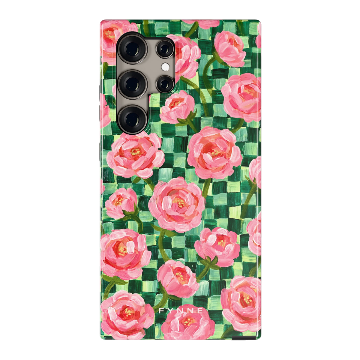 Pioenen op groene ruitjes hoesje voor Galaxy S24 Ultra, achterkant