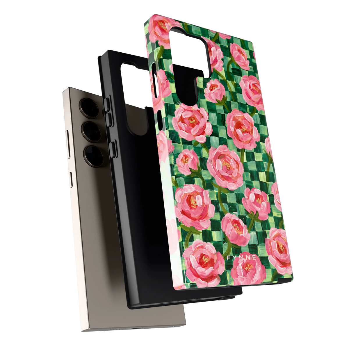 Pioenen op groene ruitjes hoesje voor Galaxy S24 Ultra, los van de telefoon