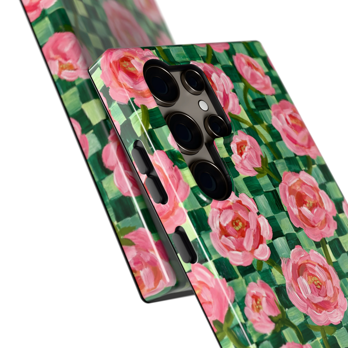 Pioenen op groene ruitjes hoesje voor Galaxy S24 Ultra, close-up