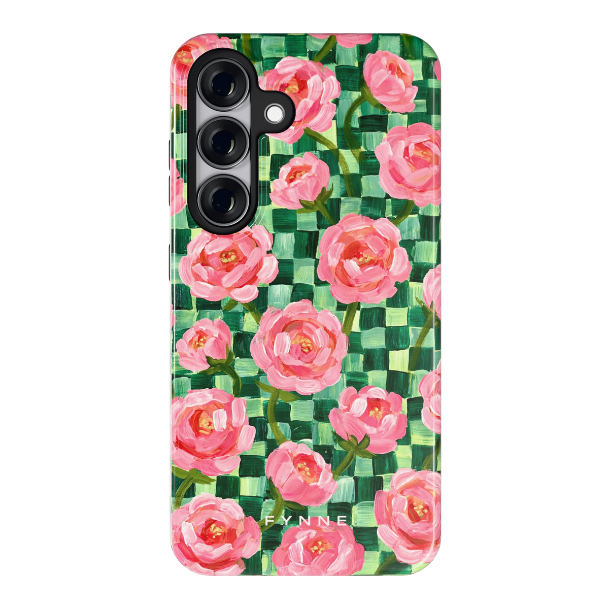 Pioenen op groene ruitjes hoesje voor Galaxy S25, achterkant
