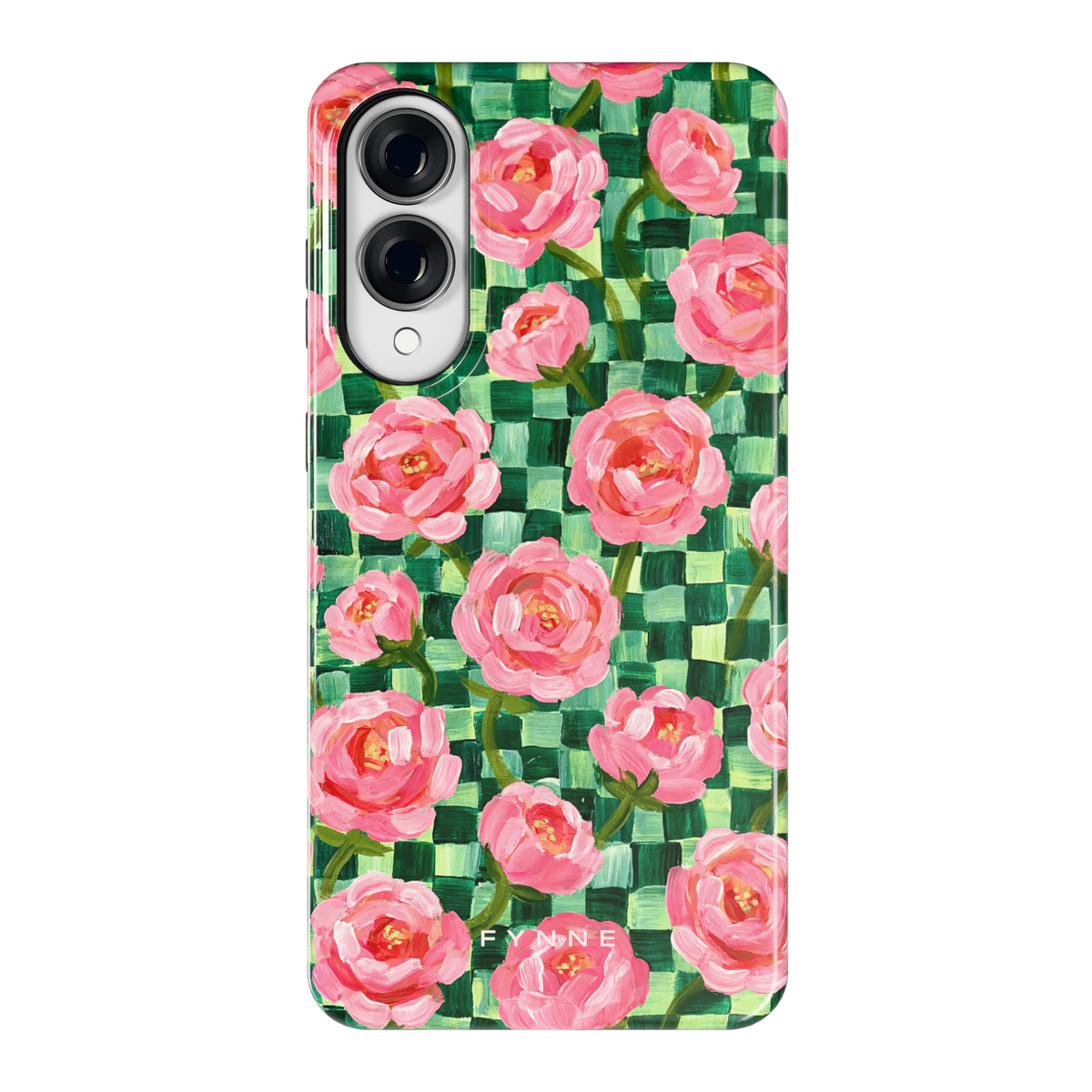 Pioenen op groene ruitjes hoesje voor Galaxy S25 Edge, achterkant