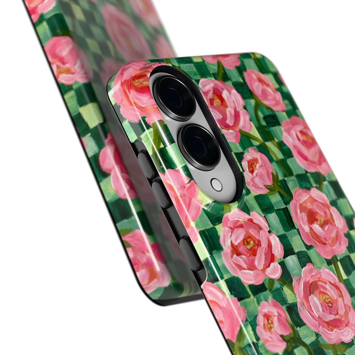 Pioenen op groene ruitjes hoesje voor Galaxy S25 Edge, close-up