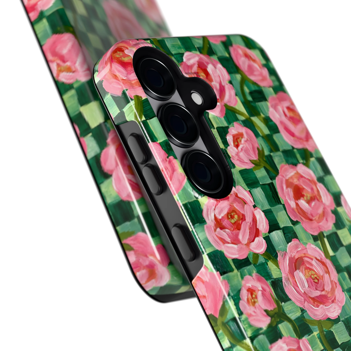 Pioenen op groene ruitjes hoesje voor Galaxy S25, close-up