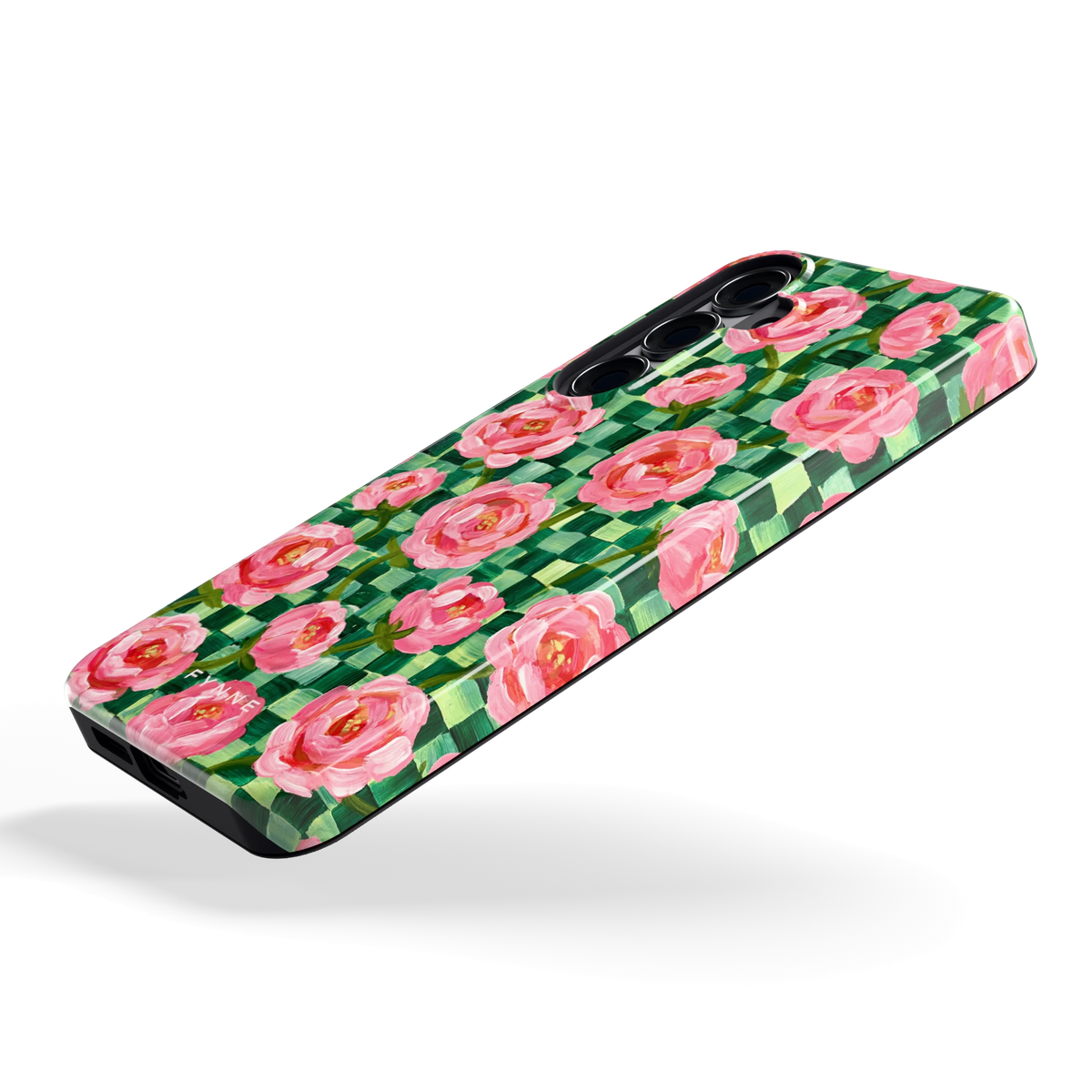 Pioenen op groene ruitjes hoesje voor Galaxy S25+, schuin