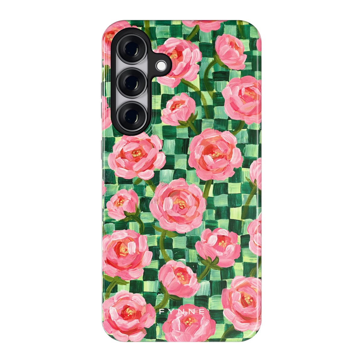 Pioenen op groene ruitjes hoesje voor Galaxy S25+, achterkant