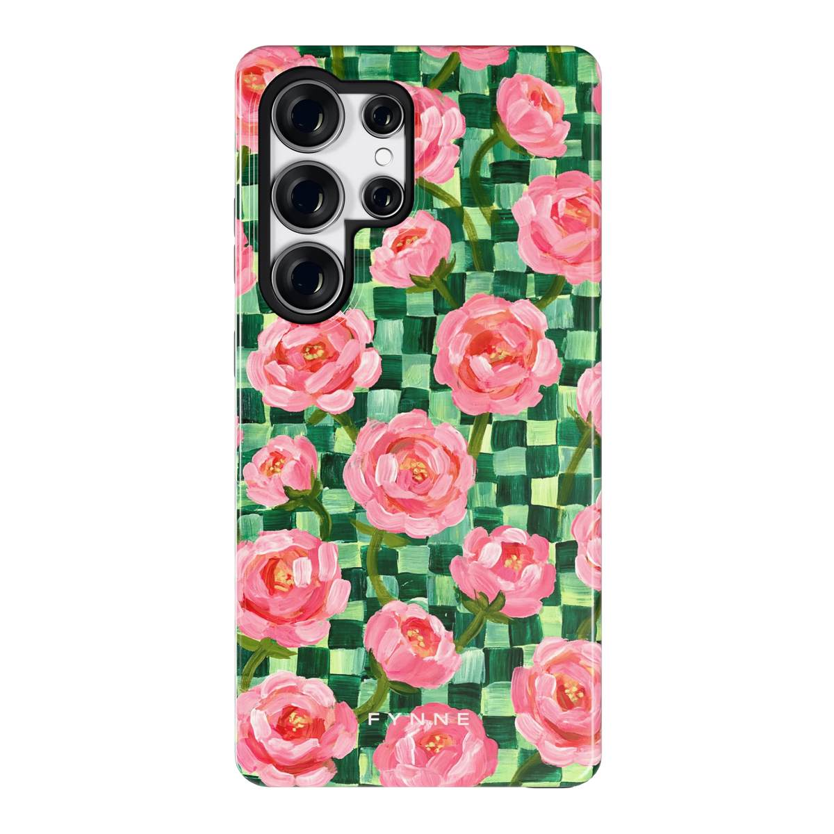 Pioenen op groene ruitjes hoesje voor Galaxy S25 Ultra, achterkant