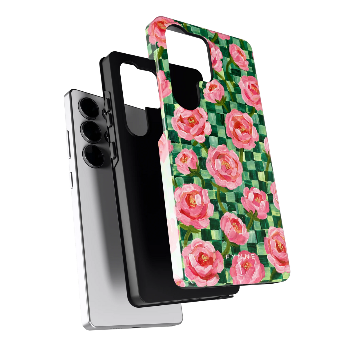 Pioenen op groene ruitjes hoesje voor Galaxy S25 Ultra, los van de telefoon