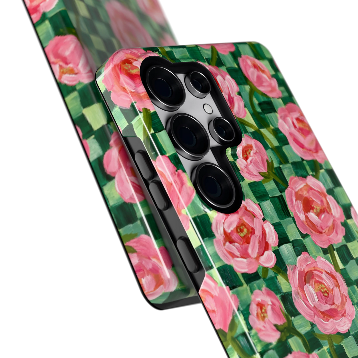 Pioenen op groene ruitjes hoesje voor Galaxy S25 Ultra, close-up