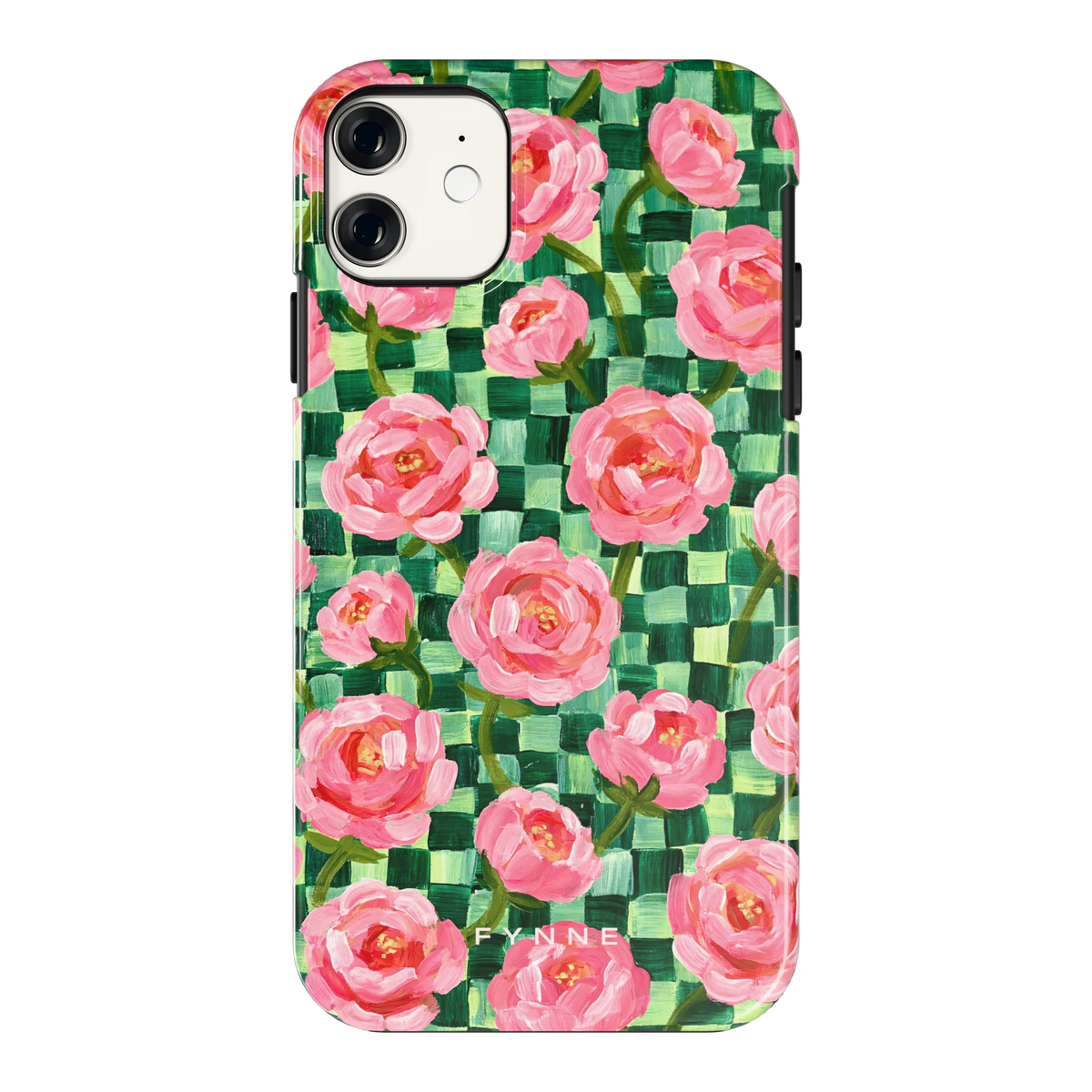 Pioenen op groene ruitjes hoesje voor iPhone 11, achterkant