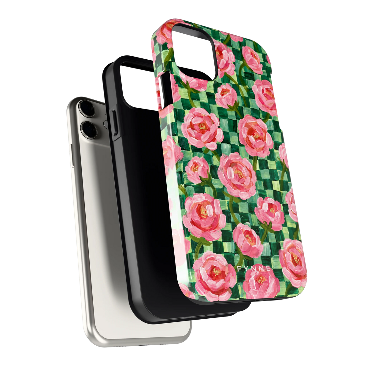 Pioenen op groene ruitjes hoesje voor iPhone 11, los van de telefoon