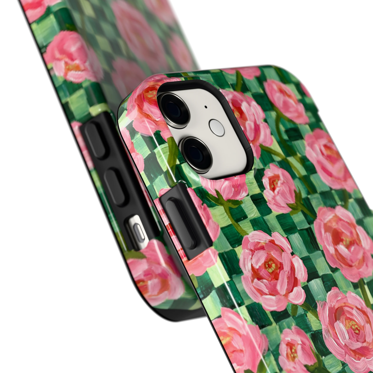 Pioenen op groene ruitjes hoesje voor iPhone 11, close-up