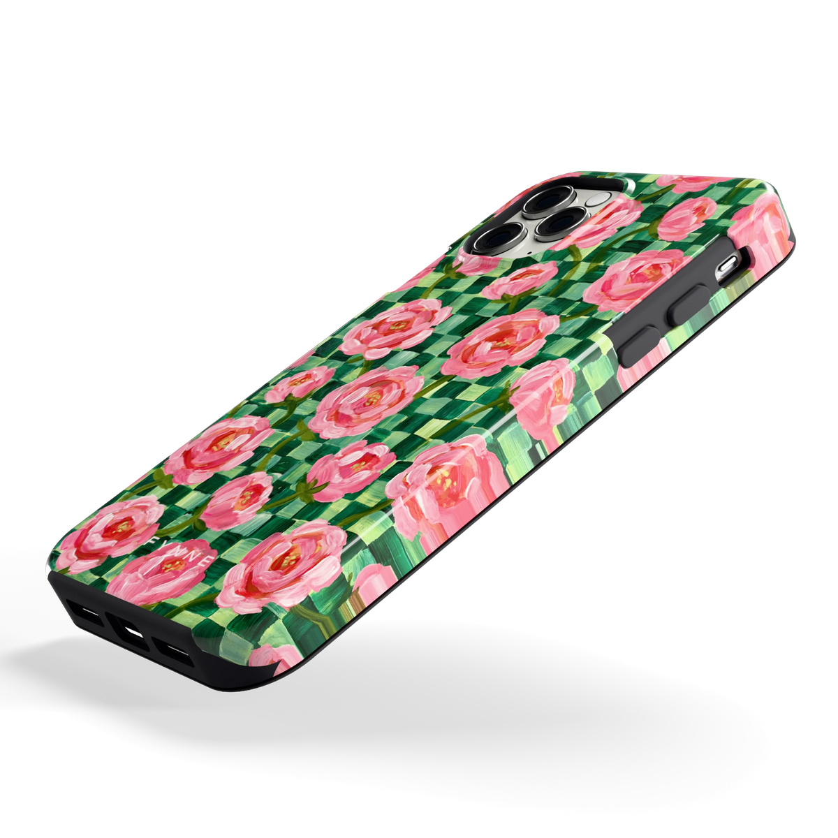Pioenen op groene ruitjes hoesje voor iPhone 11 Pro, schuin