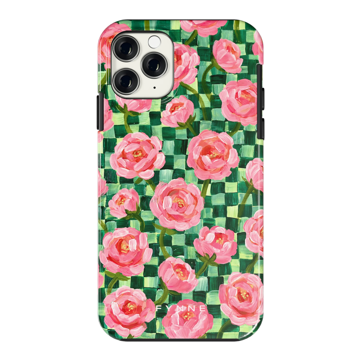 Pioenen op groene ruitjes hoesje voor iPhone 11 Pro, achterkant