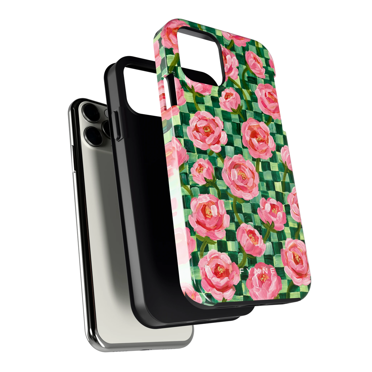 Pioenen op groene ruitjes hoesje voor iPhone 11 Pro, los van de telefoon