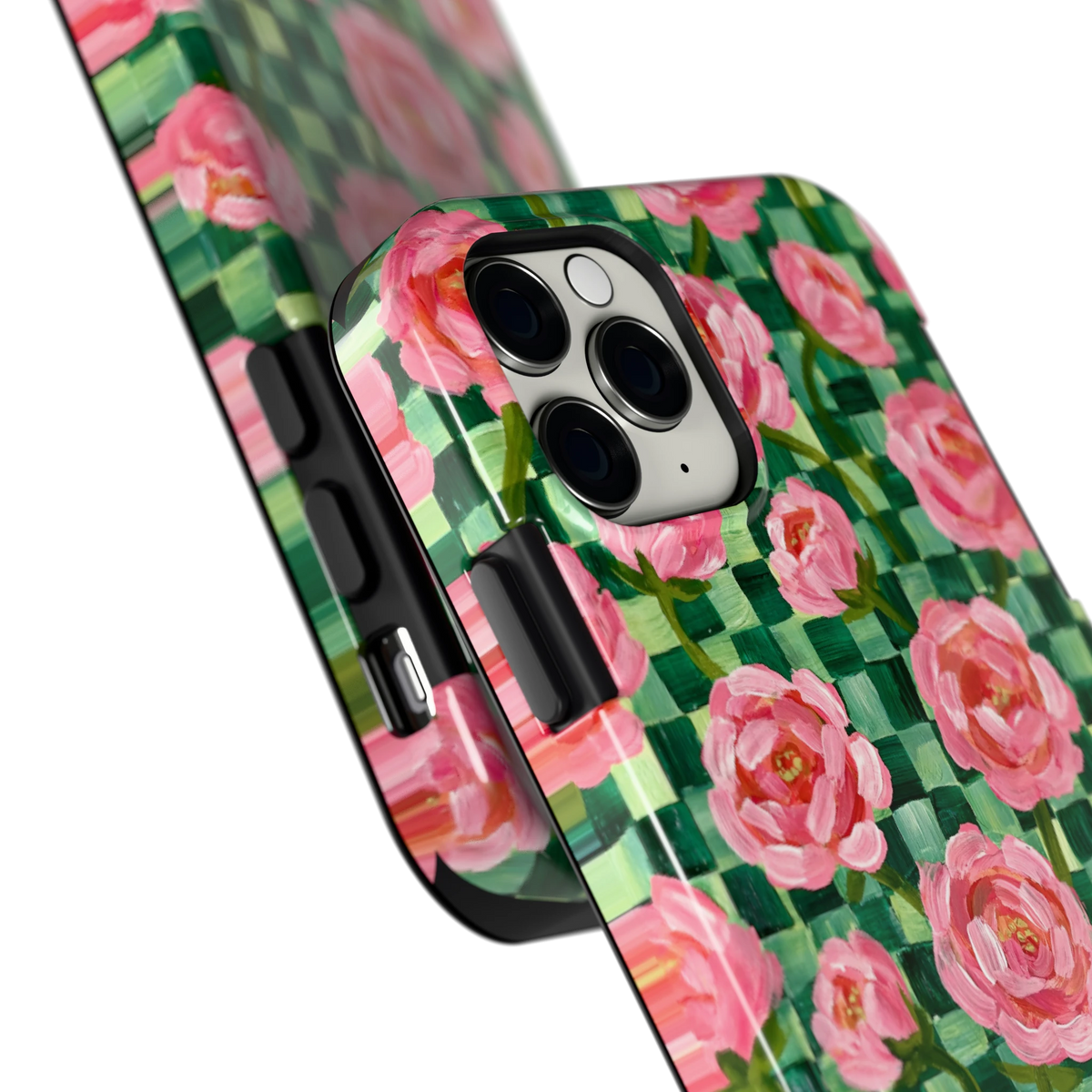Pioenen op groene ruitjes hoesje voor iPhone 11 Pro, close-up