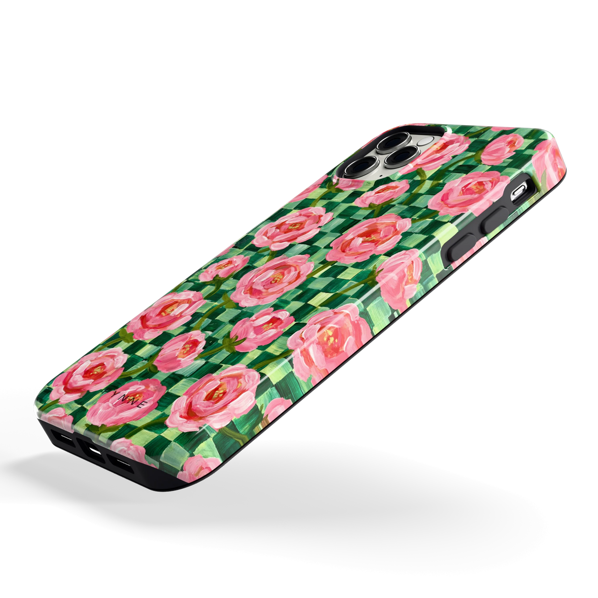 Pioenen op groene ruitjes hoesje voor iPhone 11 Pro Max, schuin