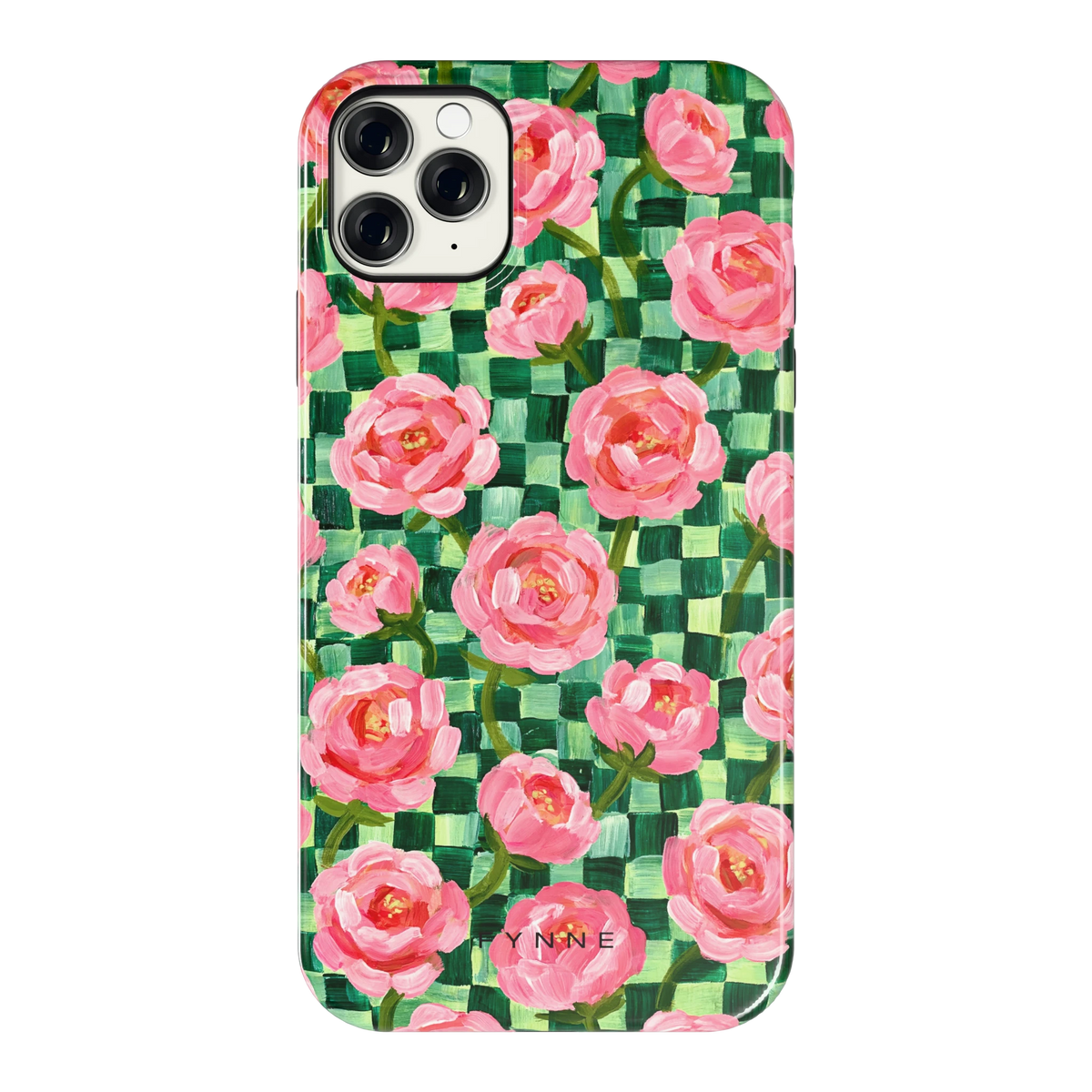 Pioenen op groene ruitjes hoesje voor iPhone 11 Pro Max, achterkant