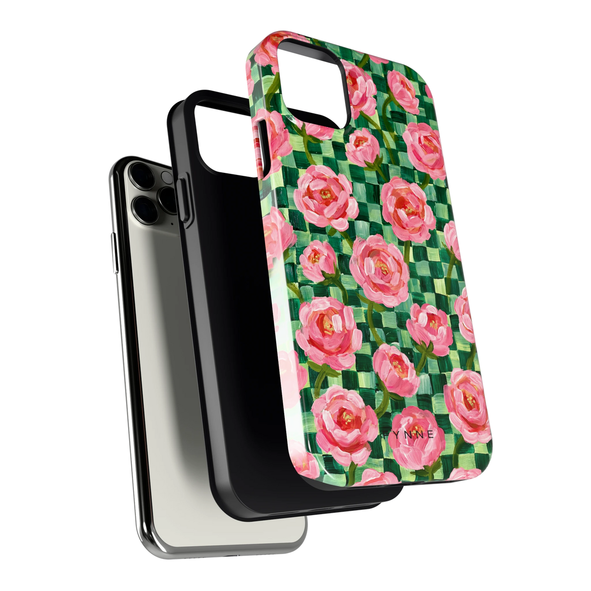 Pioenen op groene ruitjes hoesje voor iPhone 11 Pro Max, los van de telefoon