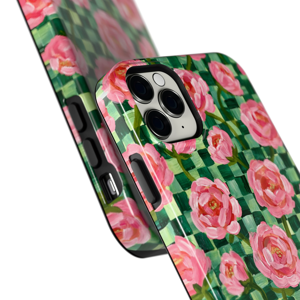 Pioenen op groene ruitjes hoesje voor iPhone 11 Pro Max, close-up