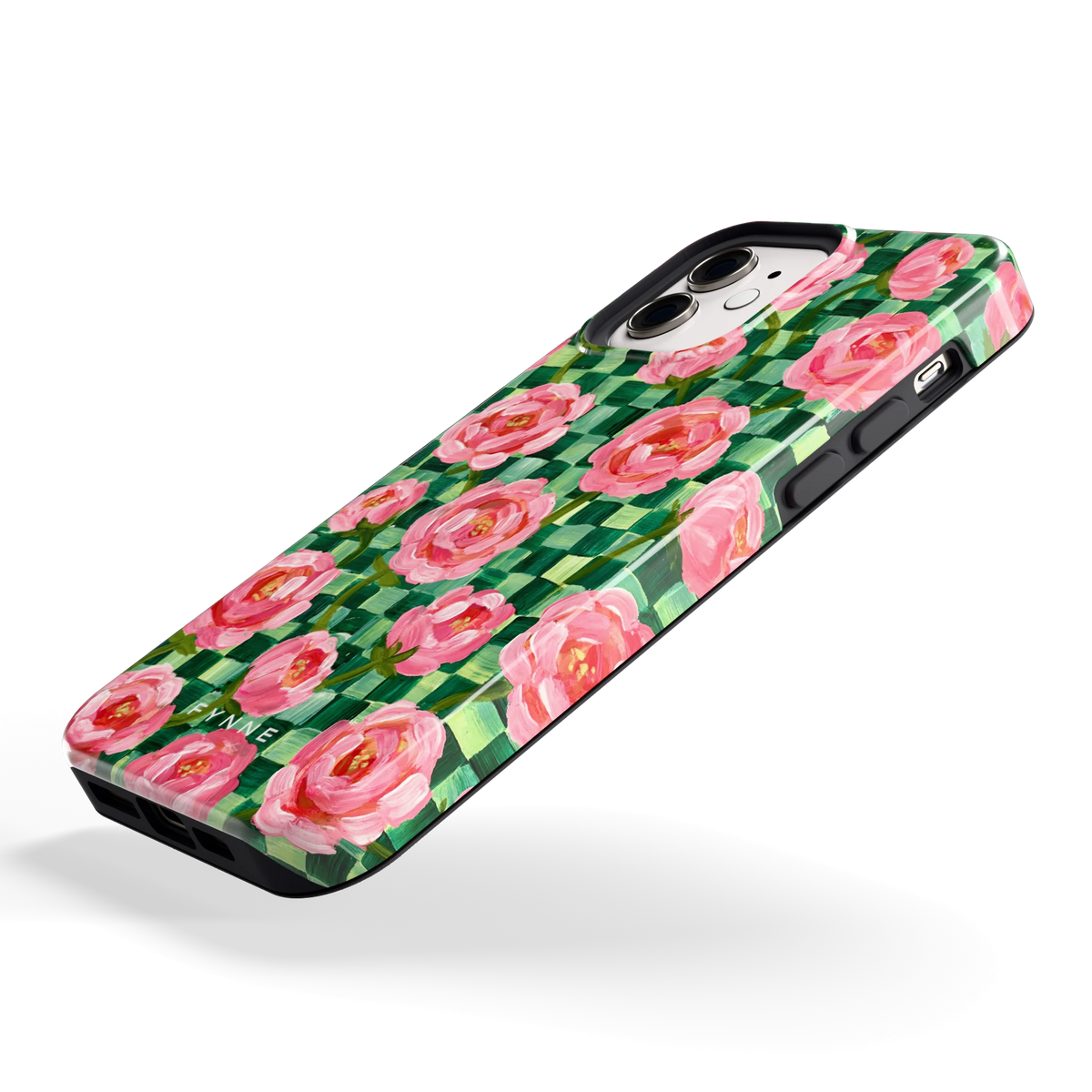 Pioenen op groene ruitjes hoesje voor iPhone 12, schuin